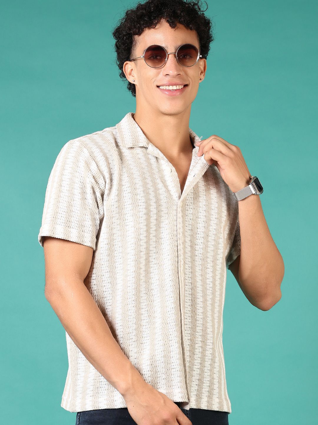 

V-Mart Men Cuban Collar Vertical Striped Cotton Casual Shirt, White