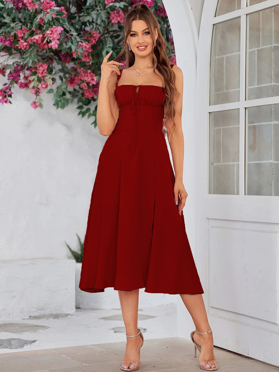 

TRAQUILA Crepe A-Line Dress, Red