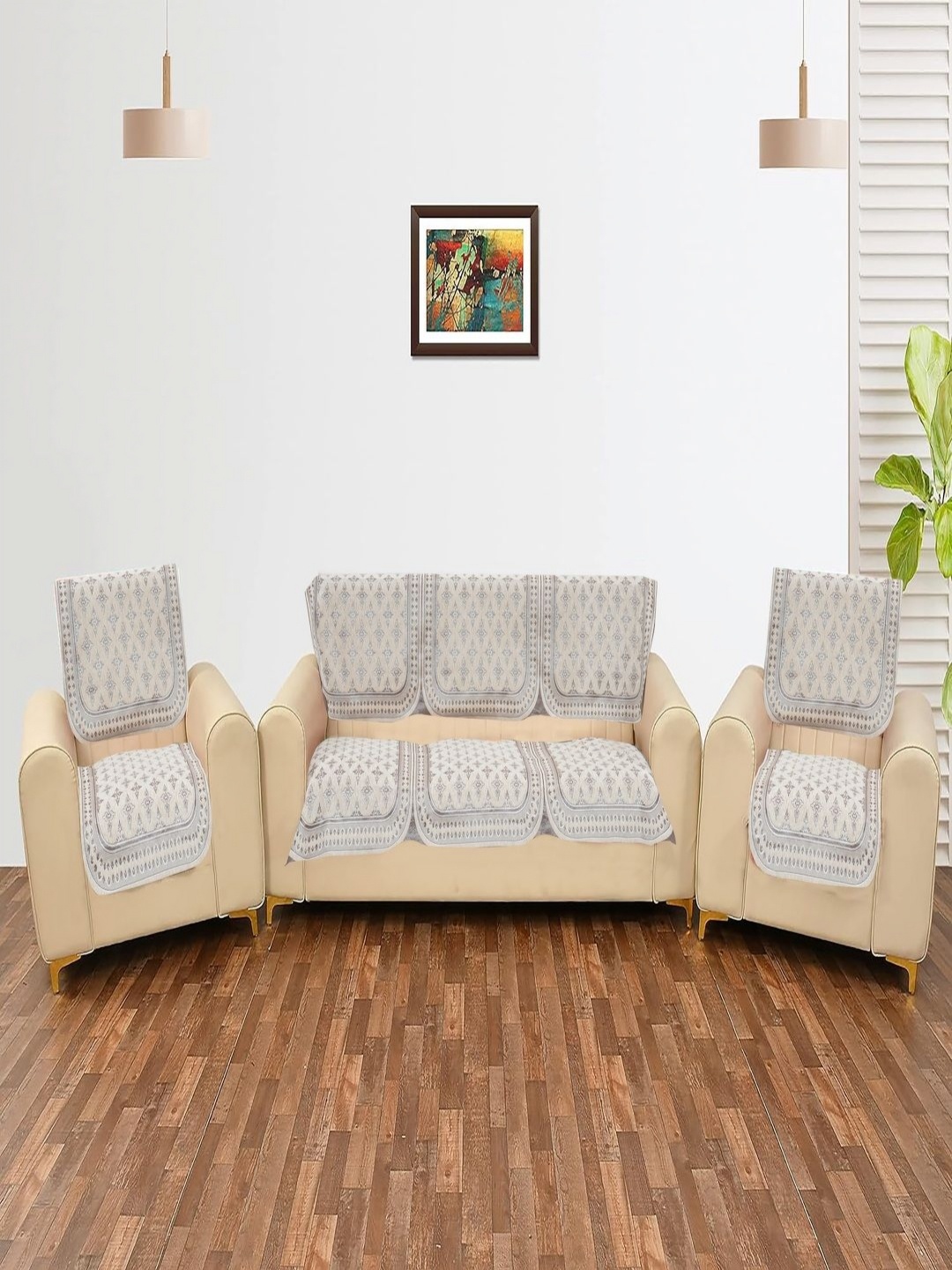 

Fashion Throw Beige & Grey 6 Pieces Floral Printed Jacquard 5 Seater Sofa Covers