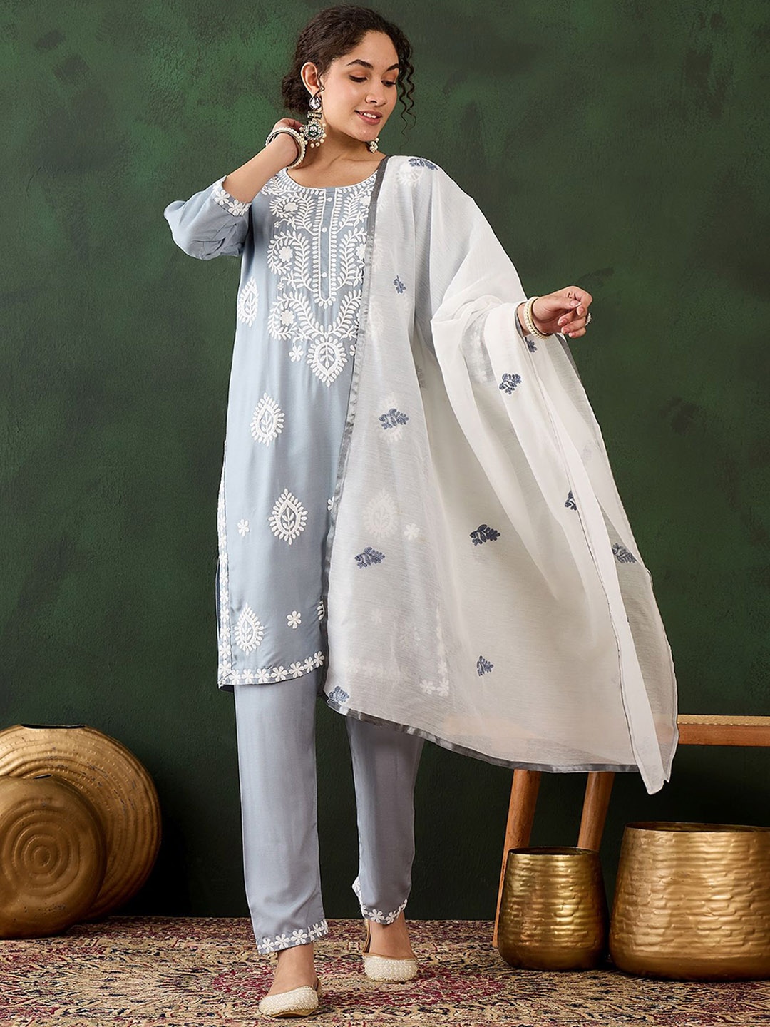 

KIMISHA Floral Embroidered Chikankari Straight Kurta with Trousers & Dupatta, Grey