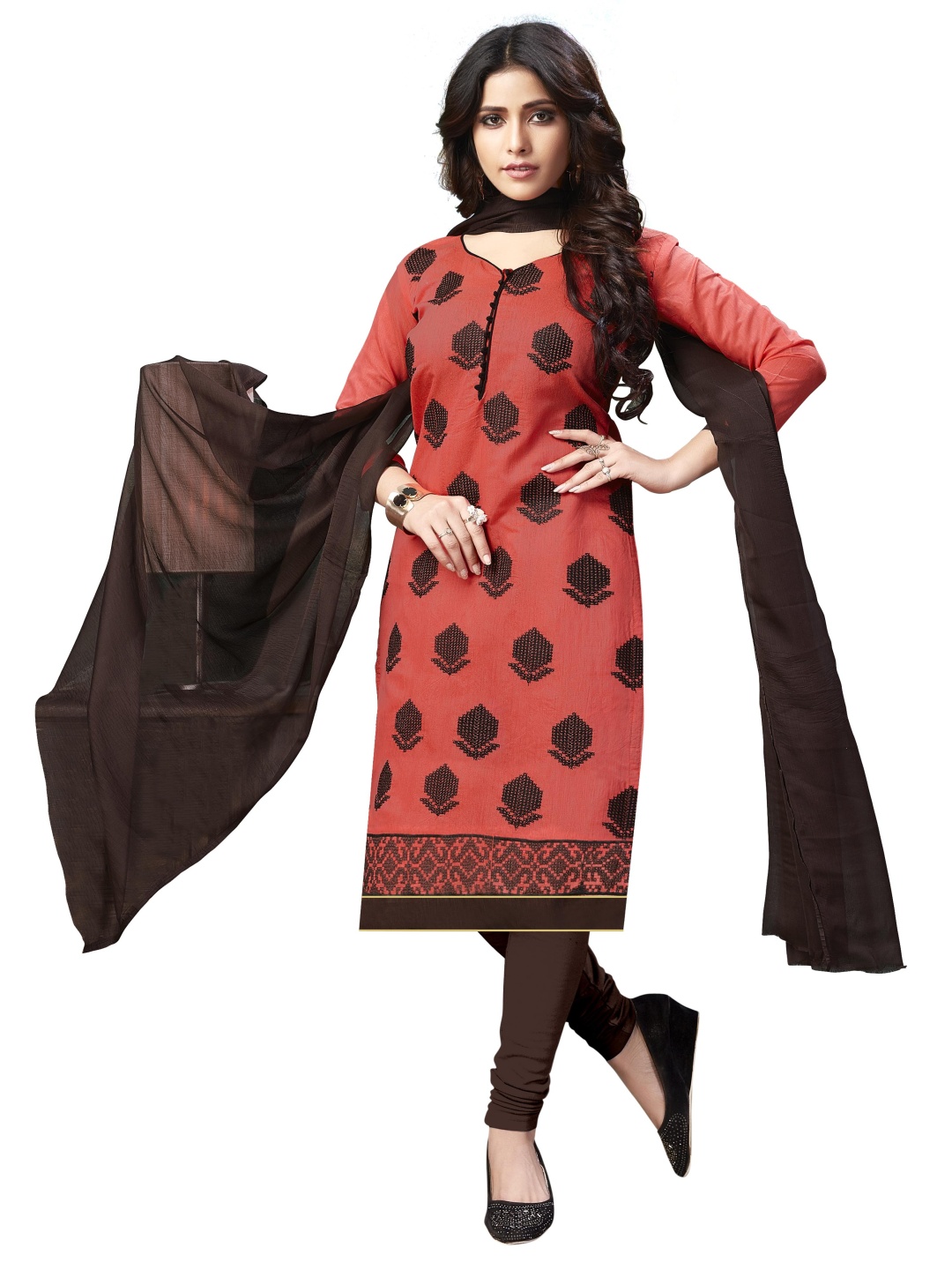 

HERE&NOW Floral Embroidered Unstitched Dress Material, Peach
