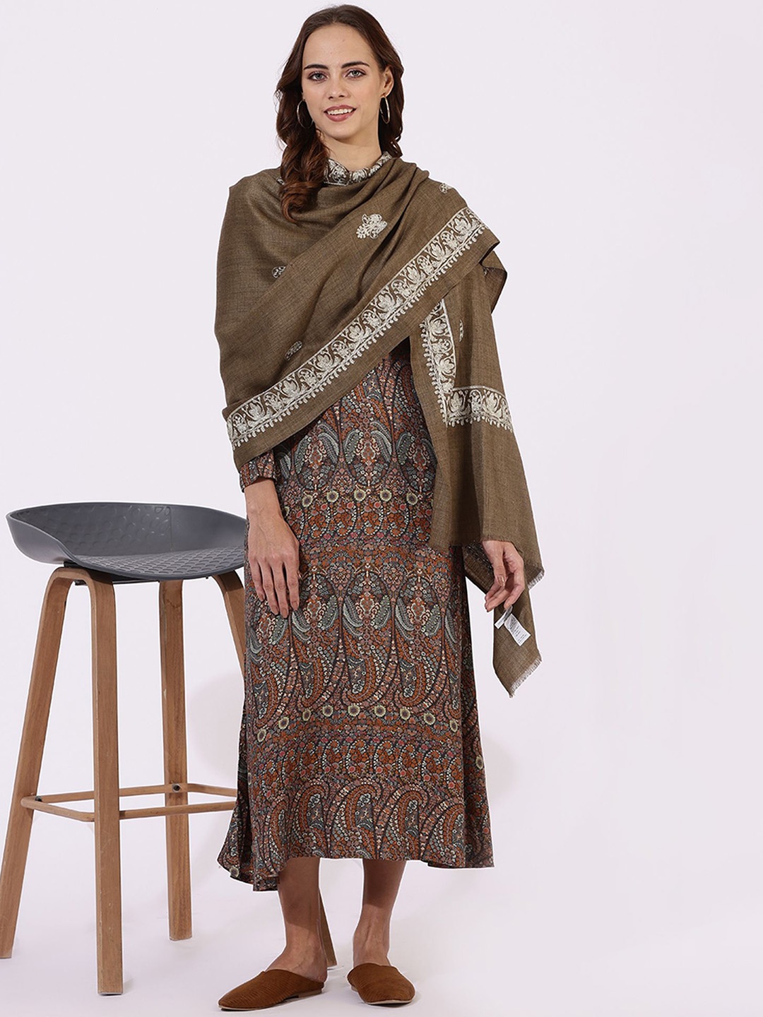 

W Women Ethnic Motifs Embroidered Shawl, Khaki