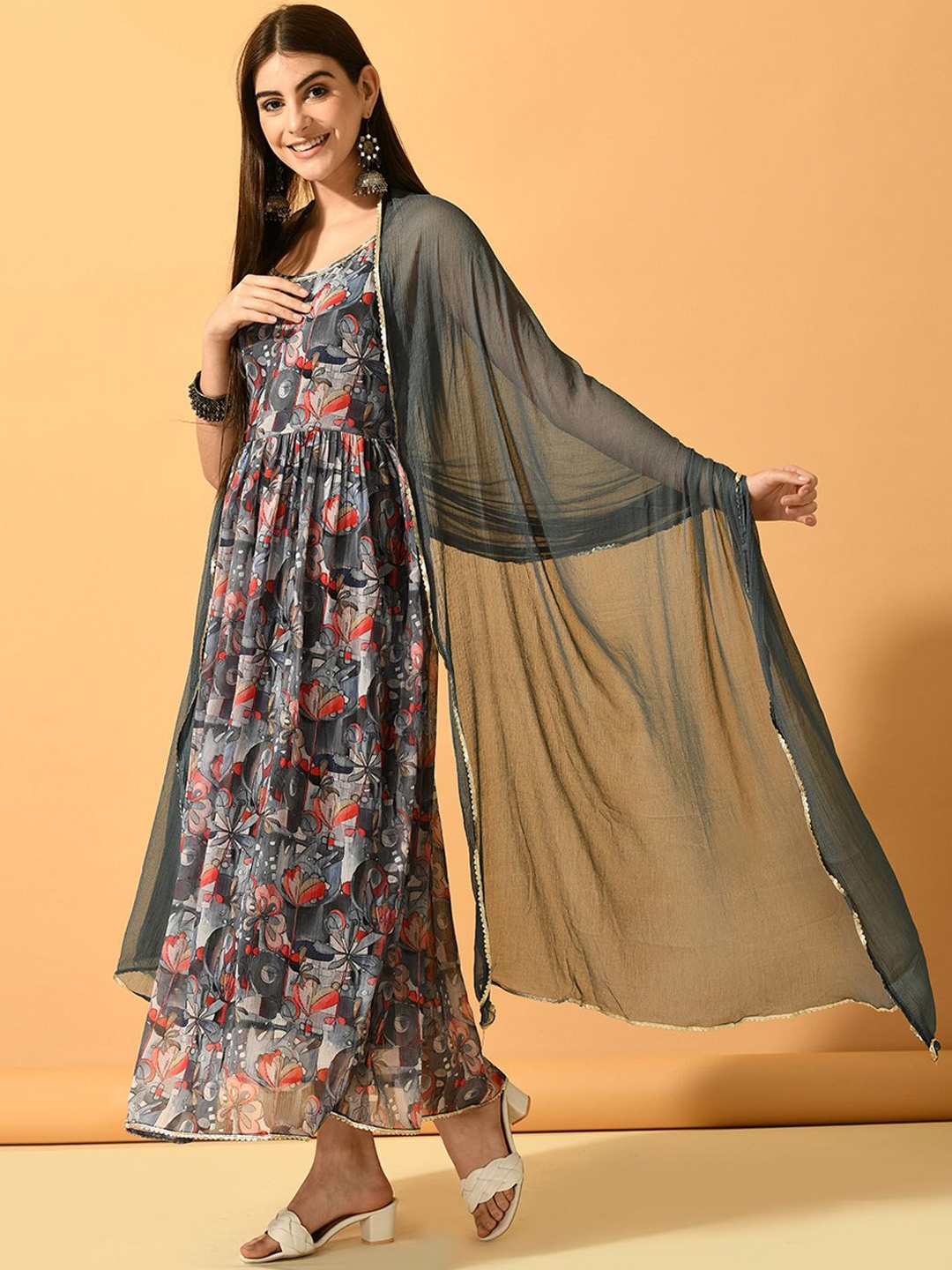 

KALINI Women Floral Printed Fit and Flare Midi Dress, Grey