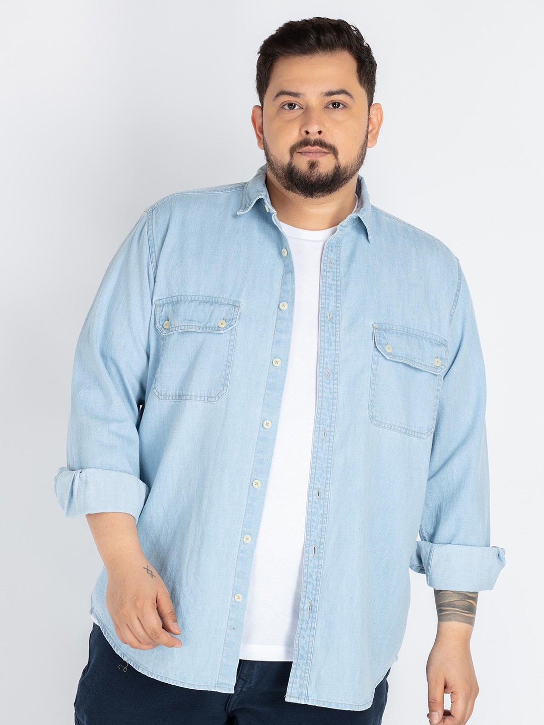 

UNSIZED Men Plus Size Comfort Oversized Fit Spread Collar Solid Cotton Casual Shirt, Blue