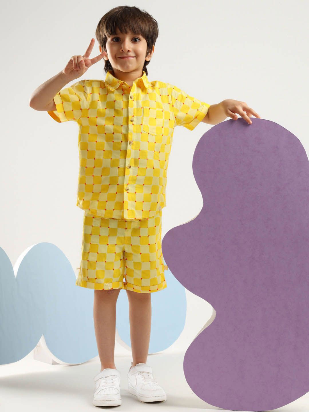 

Somersault Boys Checked Pure Cotton Shirt With Shorts, Yellow