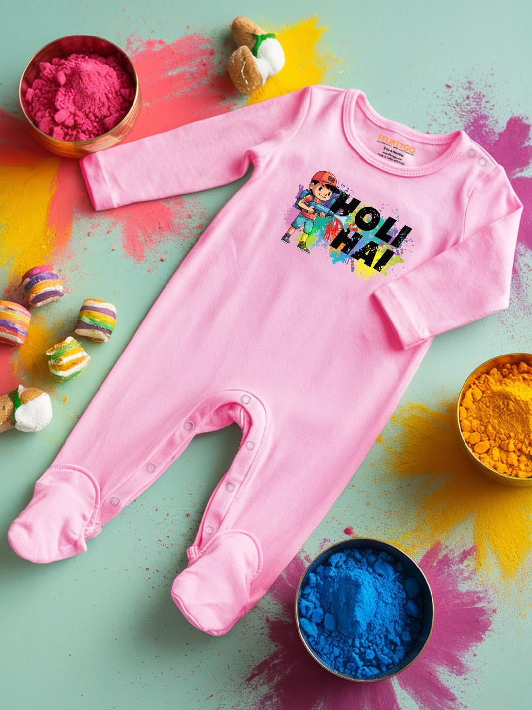 

FFLIRTYGO Infants Holi Printed Cotton Sleepsuit, Pink