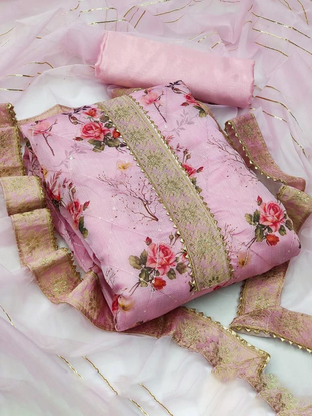 

KALINI Floral Printed Sequinned Chanderi Silk Unstitched Dress Material, Pink