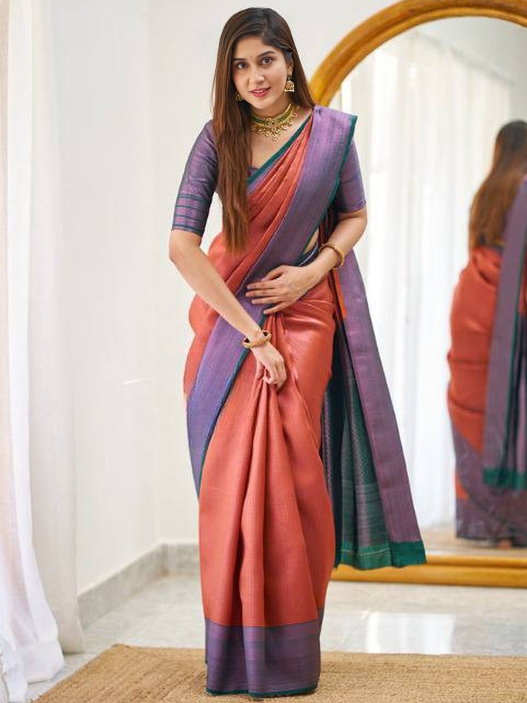 

bansari textiles Woven Design Zari Pure Cotton Banarasi Saree, Orange