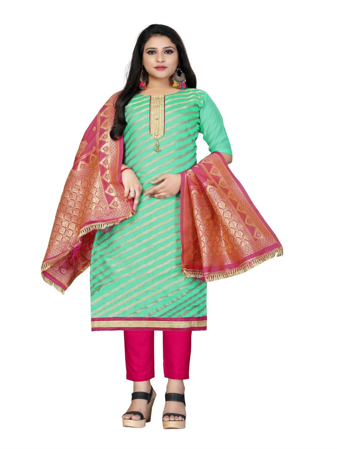 

HERE&NOW Leheriya Woven Design Unstitched Dress Material, Sea green