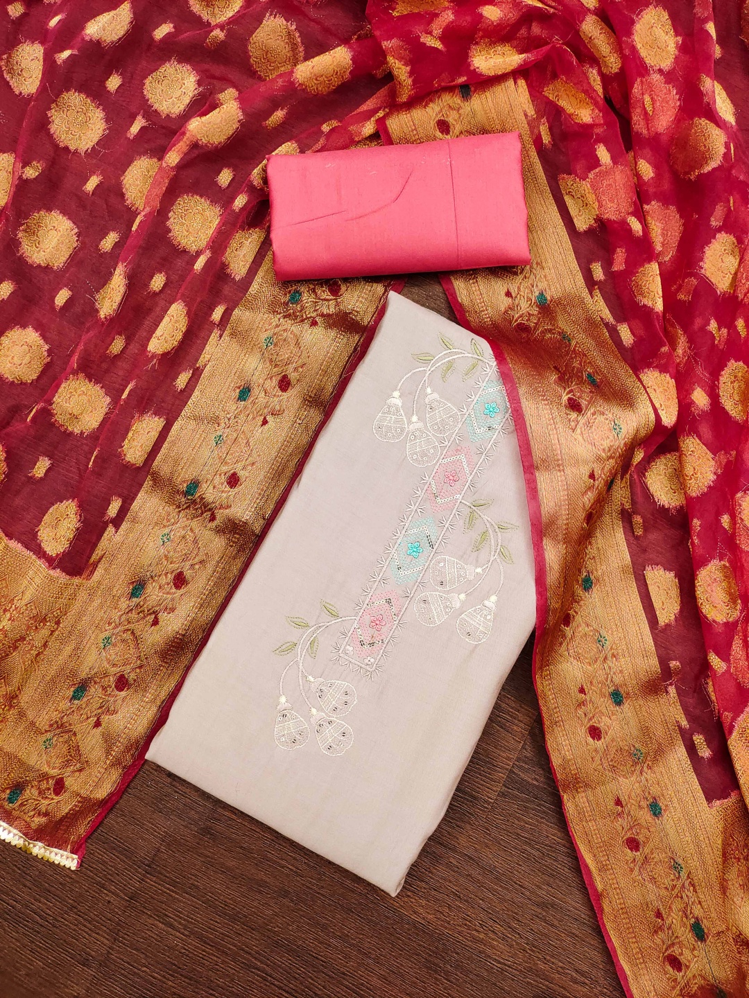

Blissta Floral Embroidered Sequinned Unstitched Dress Material, Beige