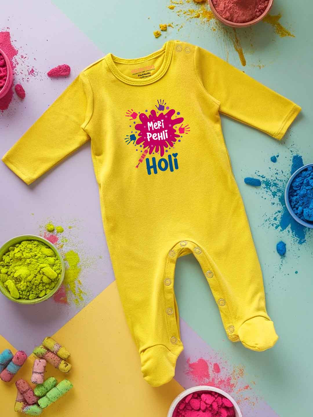 

FFLIRTYGO Infants Holi Printed Pure Cotton Sleepsuit, Yellow