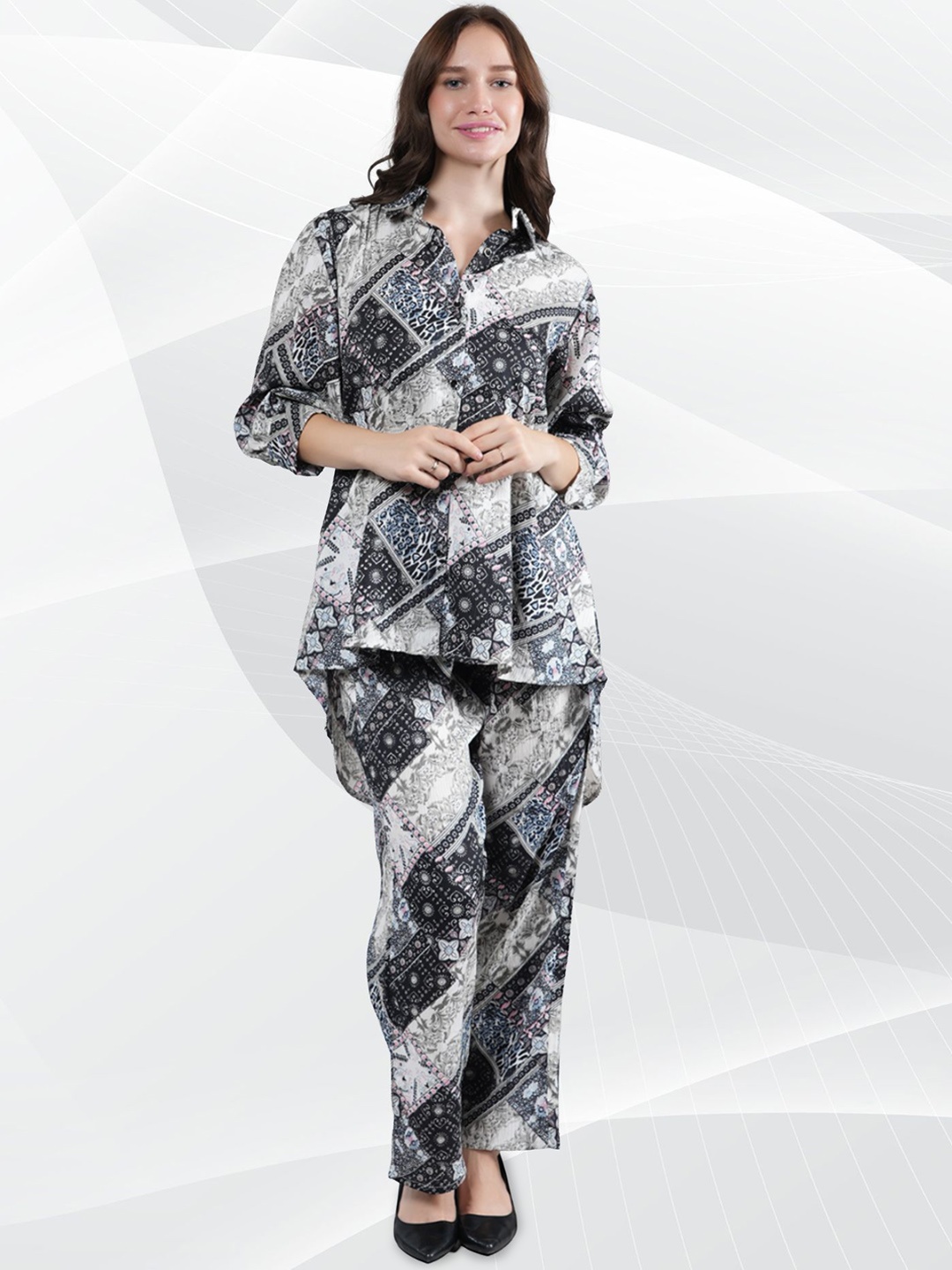 

NEYSA Geometric Printed Shirt Collar Shirt With Trousers, Black