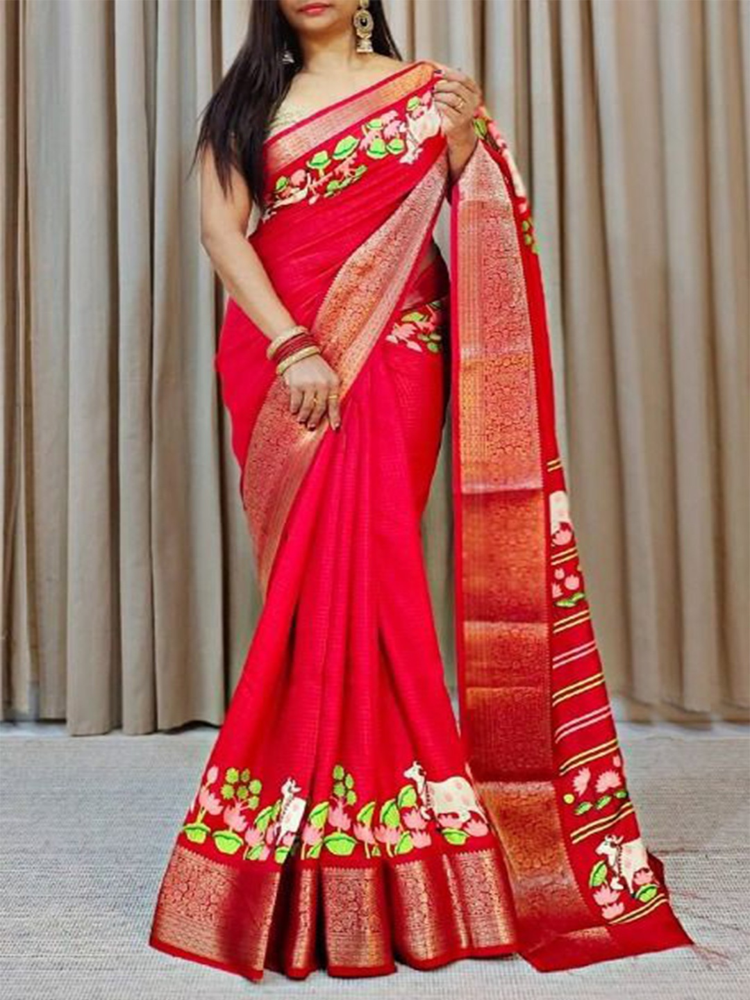 

bansari textiles Woven Design Zari Pure Cotton Jamdani Saree, Red