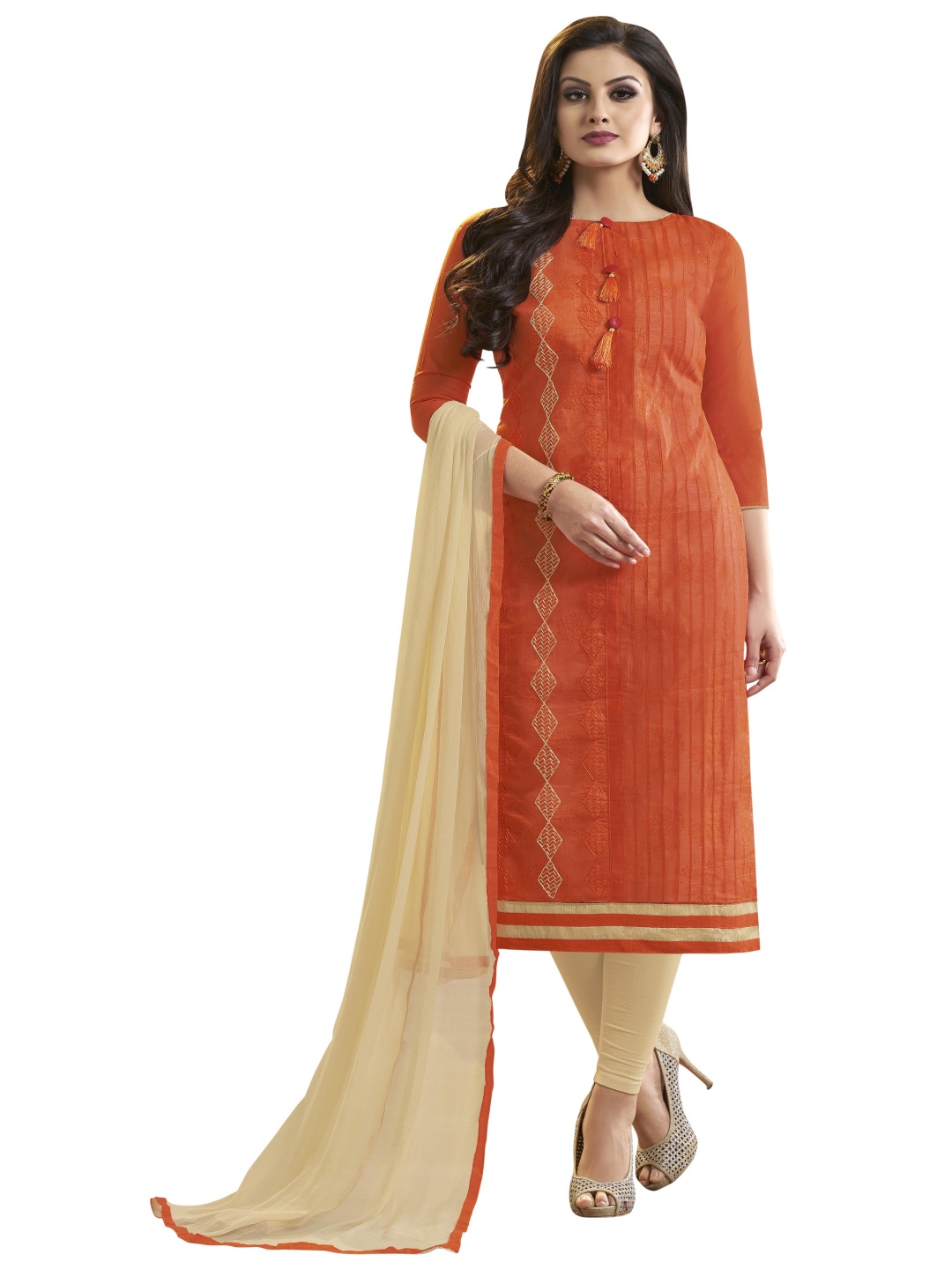 

HERE&NOW Geometric Embroidered Modal Cotton Unstitched Dress Material, Orange