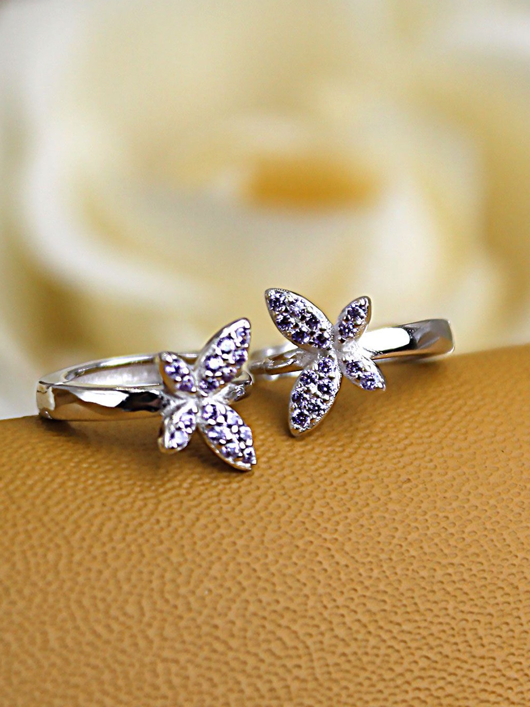 

DEVASHREE 925 Silver Rhodium-Plated Cubic Zirconia Studded Quirky Shaped Hoop Earrings, Purple