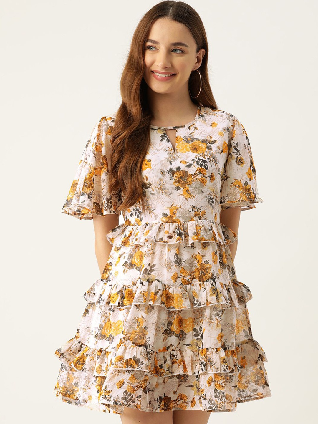 

Moda Rapido Floral Print Keyhole Neck Flared Sleeve Ruffled Georgette A-Line Dress, Beige