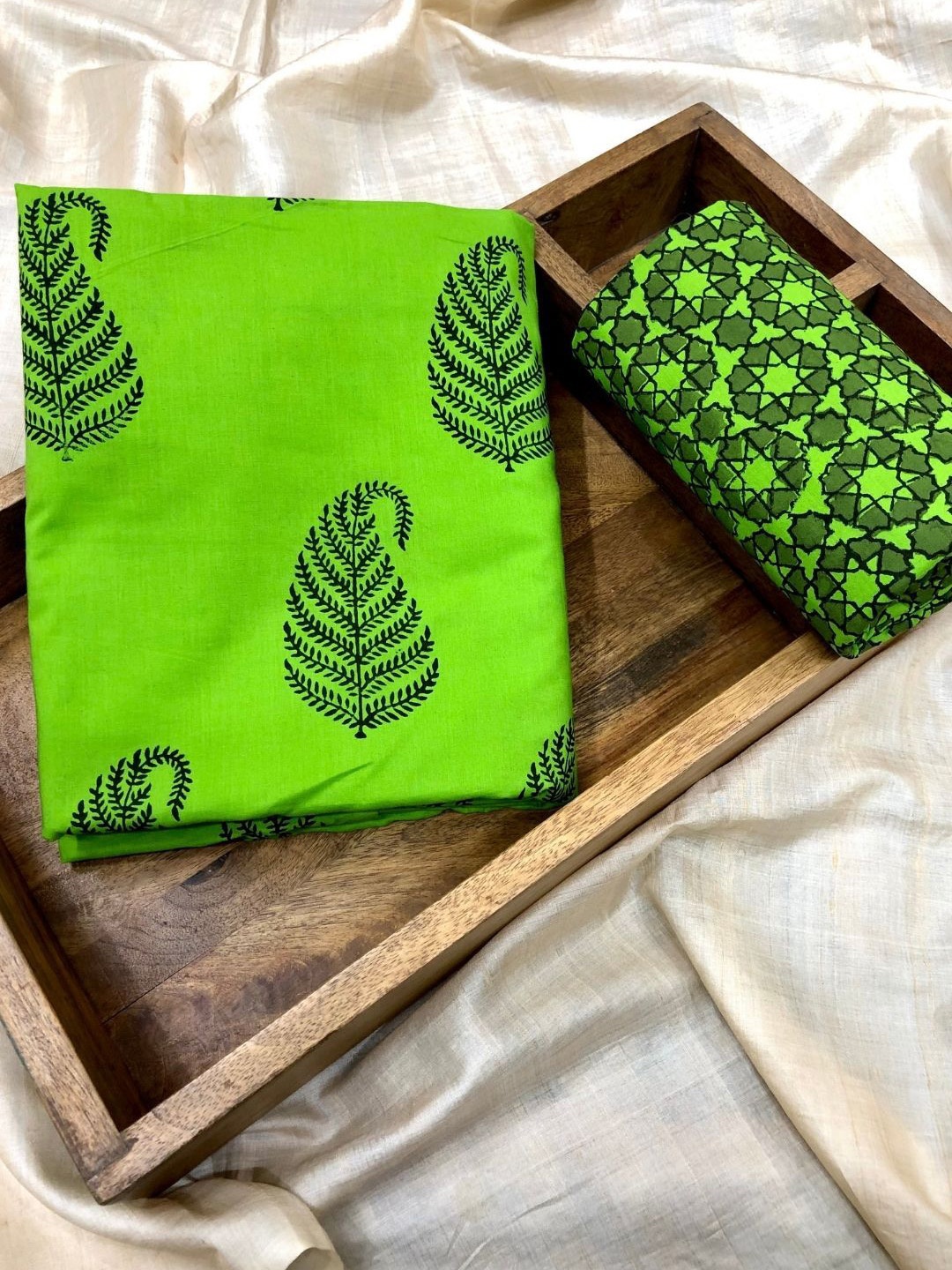 

PALASH Paisely Block Printed Pure Cotton Unstitched Dress Material, Green