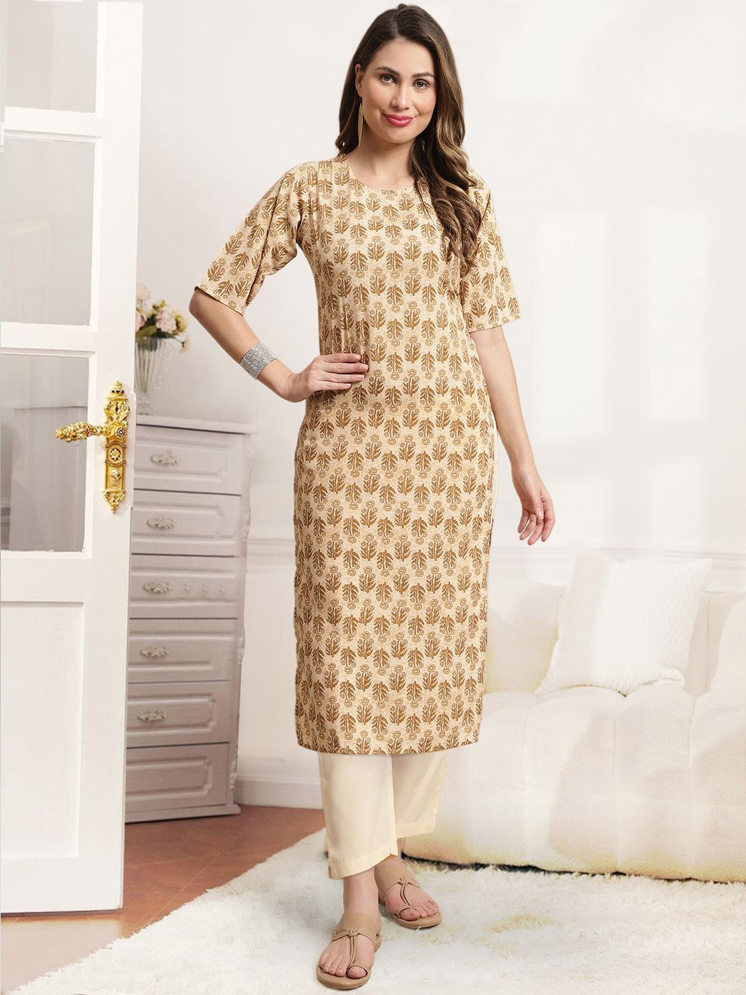 

7Threads Ethnic Motifs Printed Round Neck Straight Kurta With Trouser, Beige