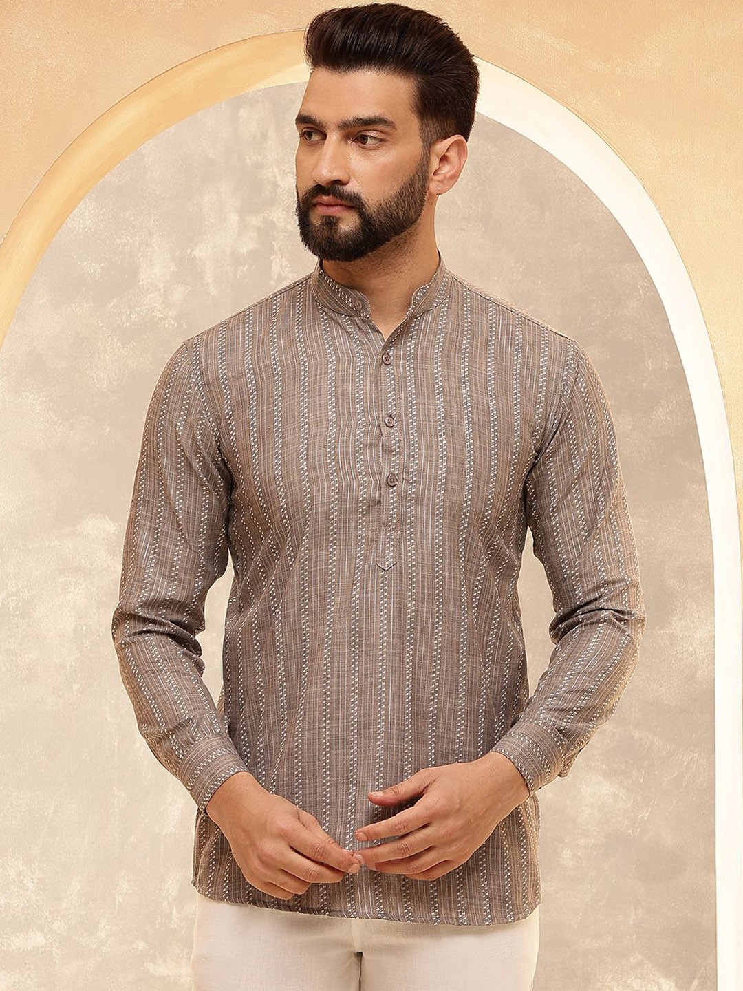 

Anouk Brown And White Geometric Printed Band Collar Straight Kurta