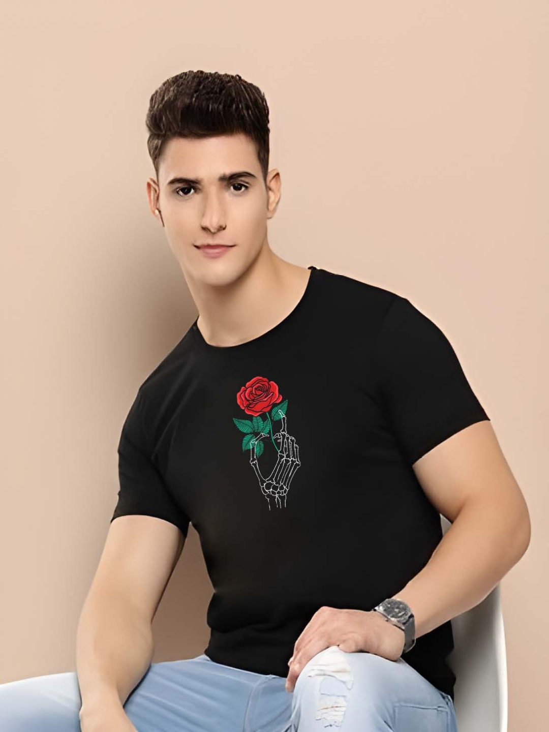 

Krimmple Men Drop-Shoulder Sleeves Pure Cotton T-shirt, Black