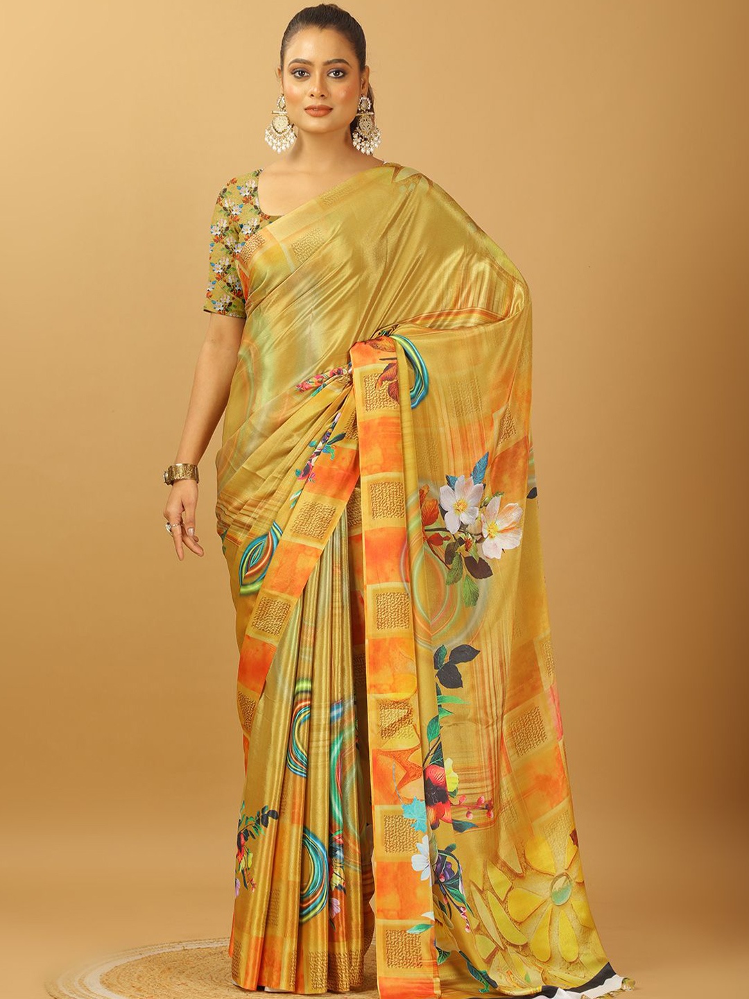 

NIRMAL CREATION Floral Pure Crepe Saree, Yellow