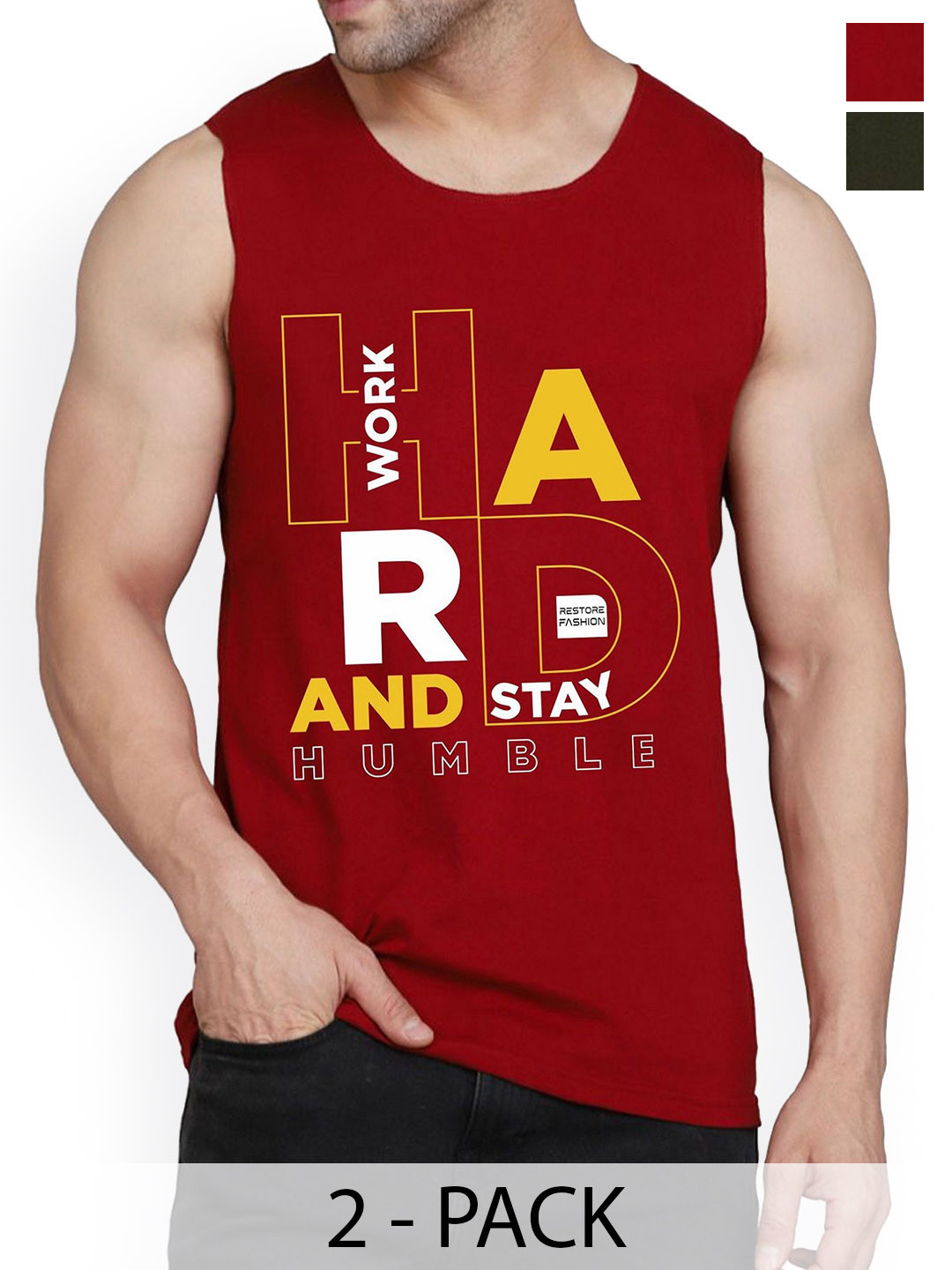 

WOOSTRO Pack Of 2 Printed Cotton Gym Vests RS26 CMB (HARD MAROON) (MORE OLIVE)