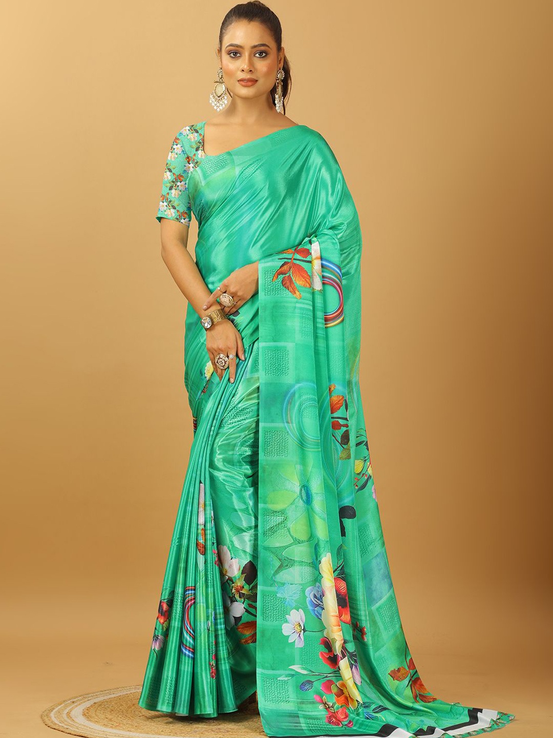 

NIRMAL CREATION Floral Printed Pure Crepe Saree, Green