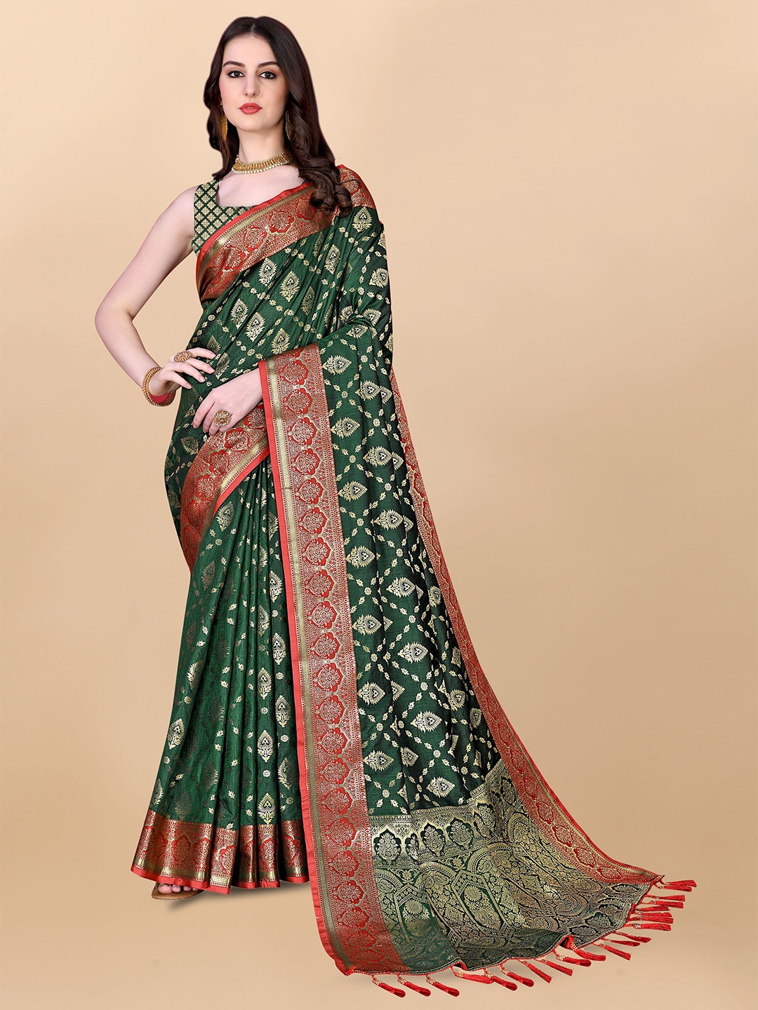 

bansari textiles Woven Design Zari Banarasi Saree, Green