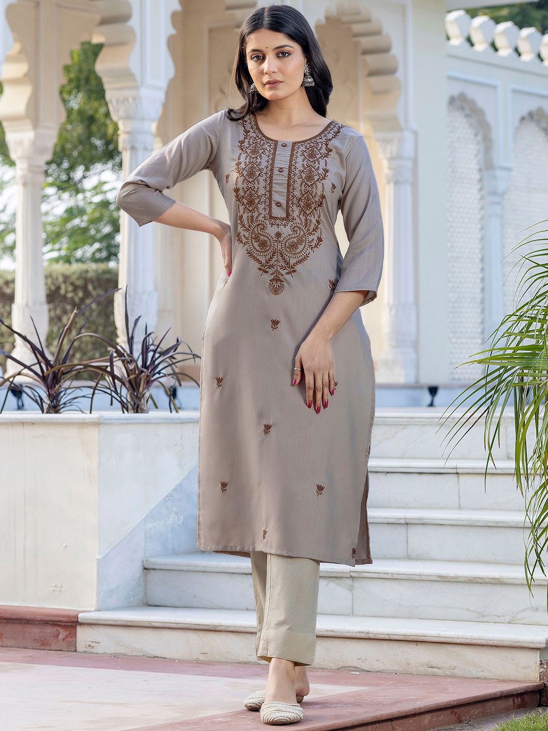 

KALINI Floral Embroidered Chikankari Cotton Straight Kurta, Grey