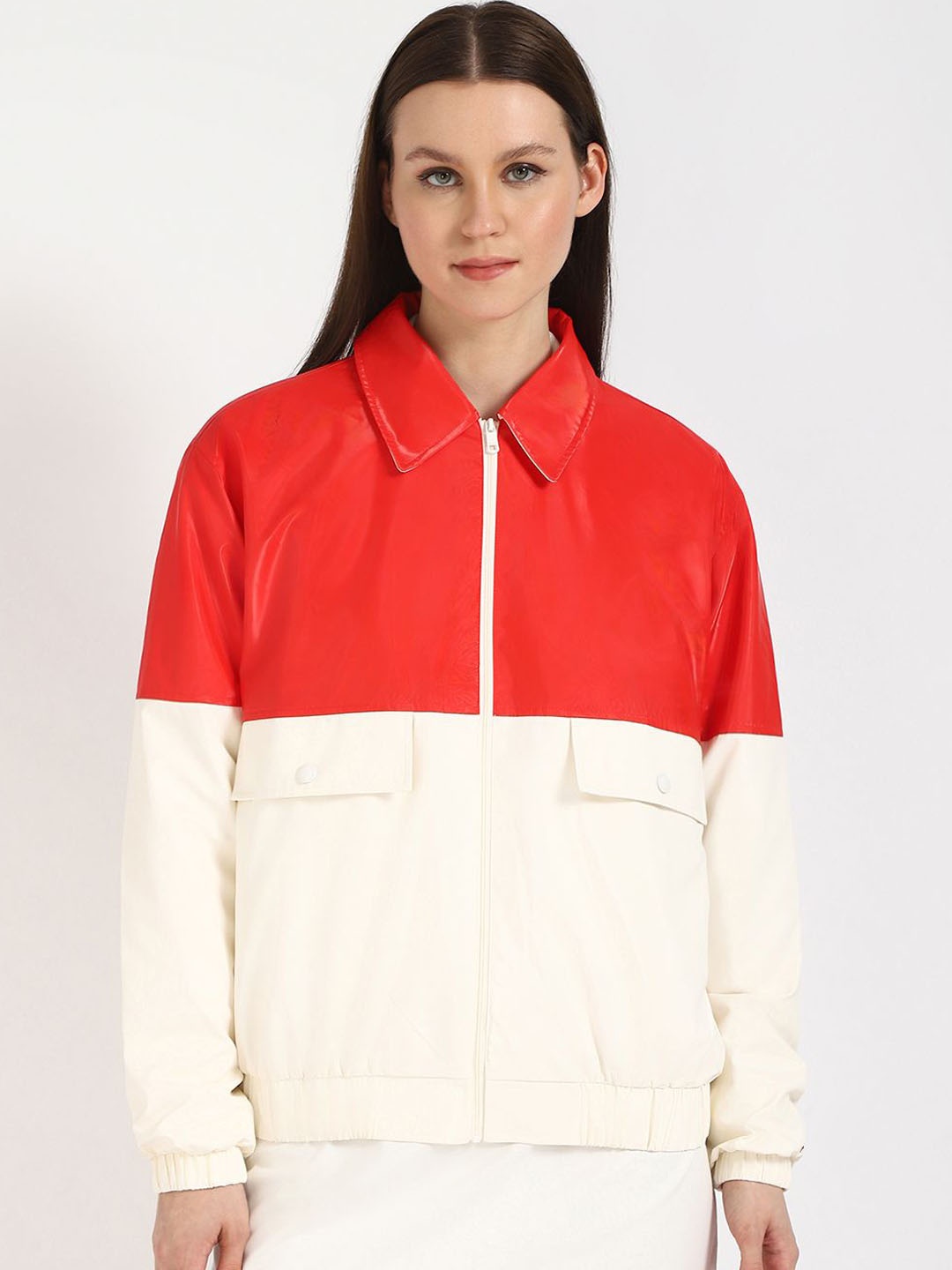 

Tommy Hilfiger Women Spread Collar Colourblocked Casual Bomber Jacket, Red