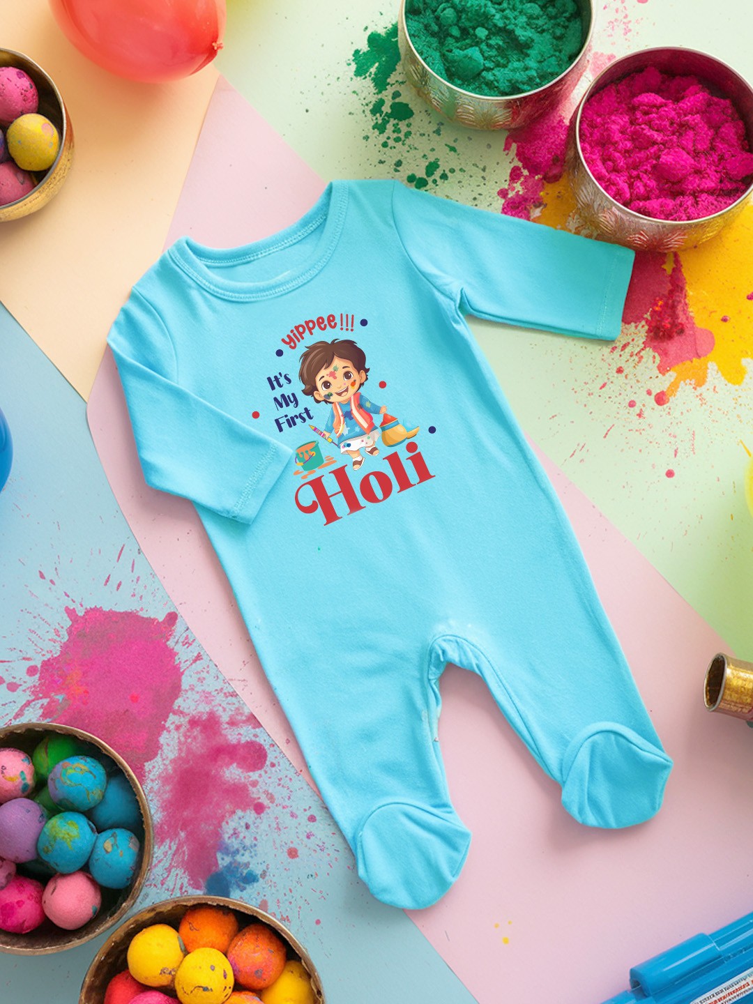 

FFLIRTYGO Infants Holi Printed Cotton Sleepsuit, Turquoise blue