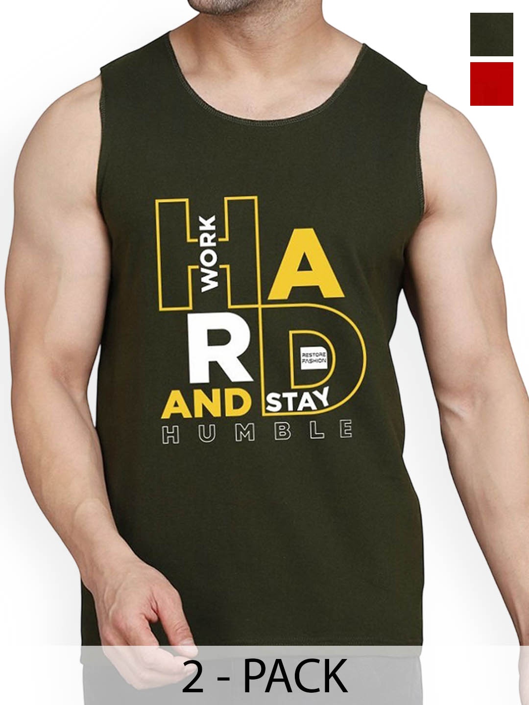 

WOOSTRO Pack Of 2 Printed Cotton Gym Vests RS26 CMB (HARD OLIVE) (RUN RED)