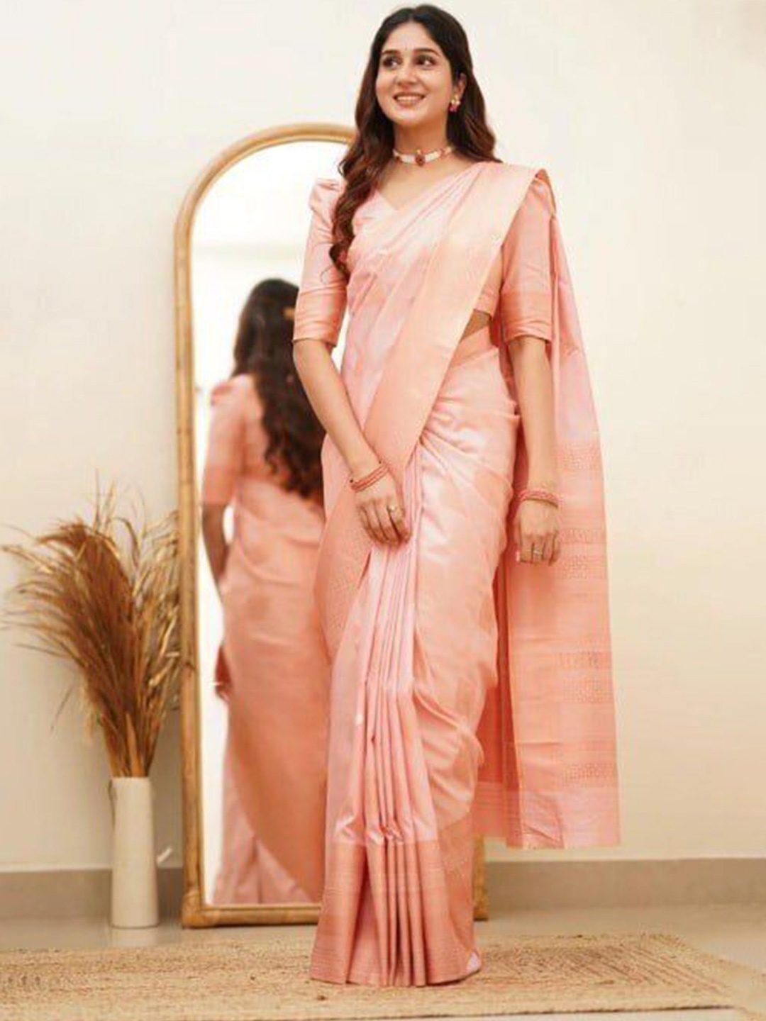 

bansari textiles Woven Design Zari Pure Cotton Kanjeevaram Saree, Pink