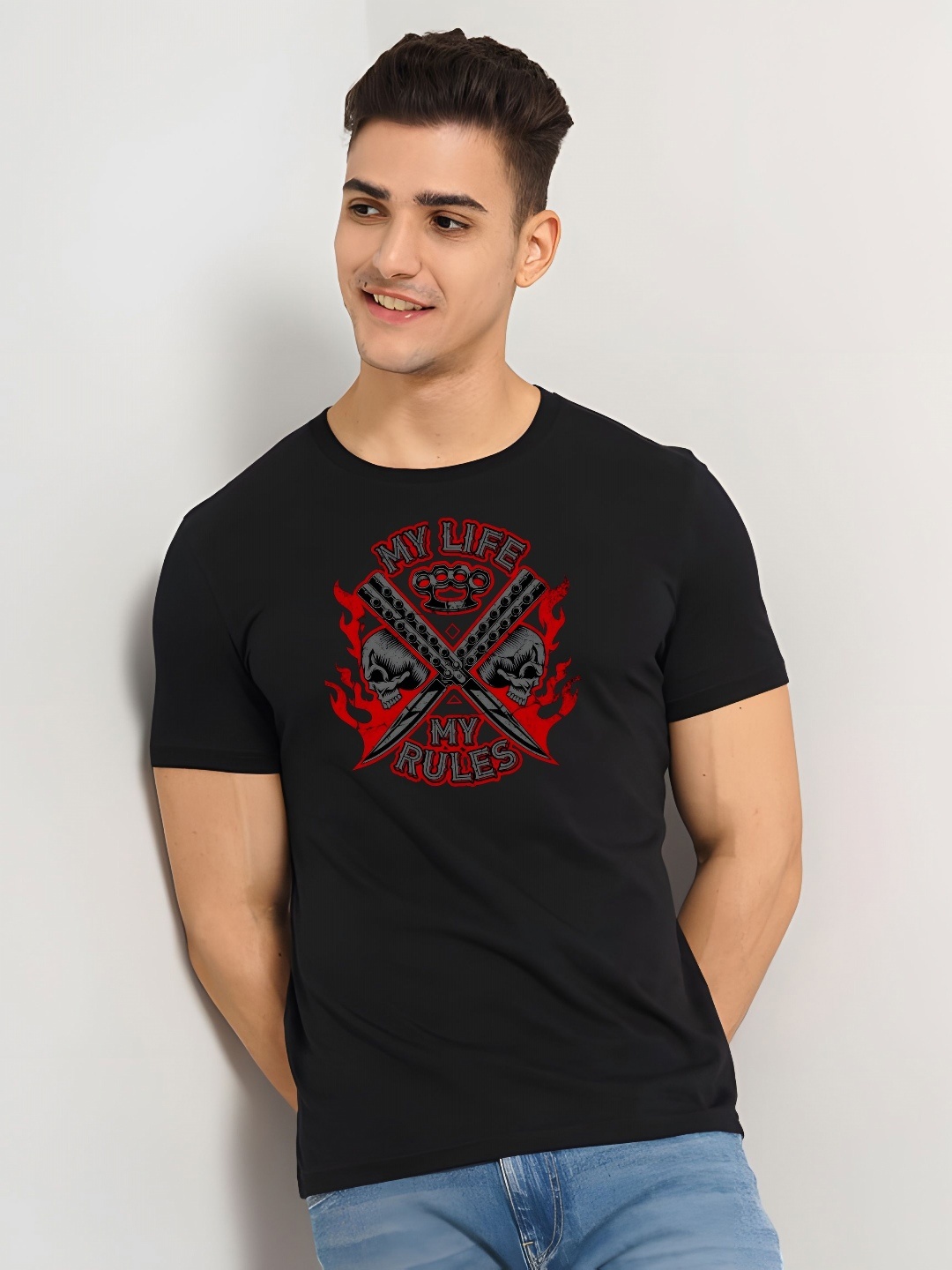 

Moda Rapido Men Typography Printed Round Neck Cotton Slim Fit T-shirt, Black