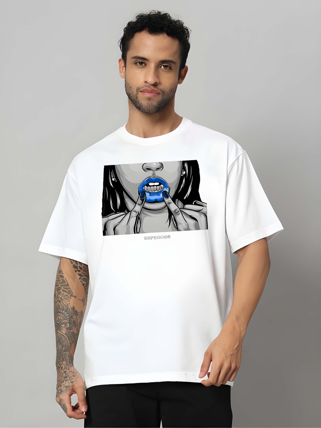 

Krimmple Men Graphic Printed Round Neck Cotton Oversized T-shirt, White