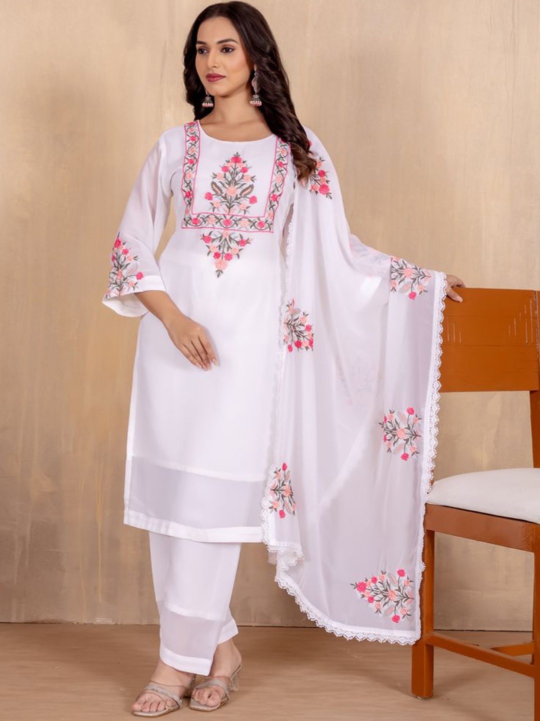 

KALINI Round Neck Floral Embroidered Georgette Straight Kurta With Trousers And Dupatta, White