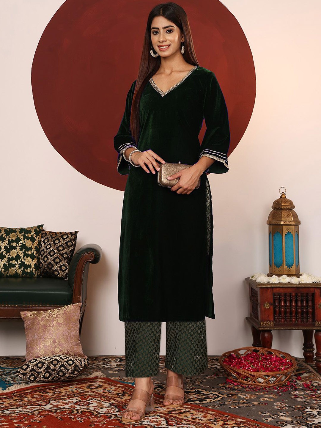 

Varanga V-Neck Gotta Patti Velvet Straight Kurta With Trousers, Black