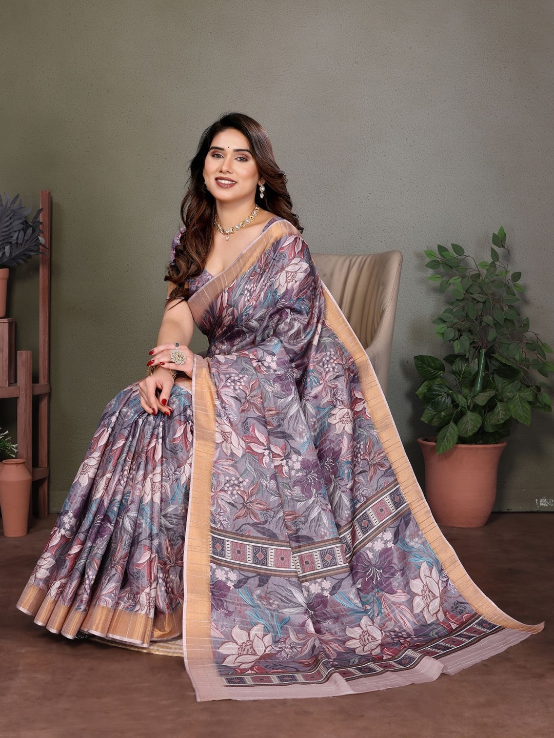 

vj fashion Floral Zari Linen Blend Saree, Brown
