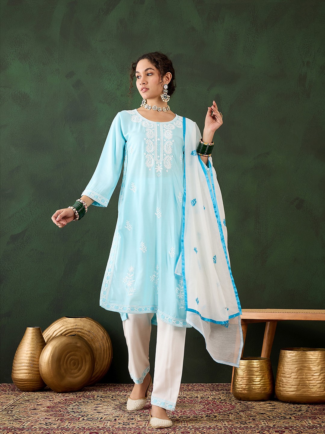 

Blissta Paisley Embroidered Round Neck Chikankari Straight Kurta With Trousers & Dupatta, Blue