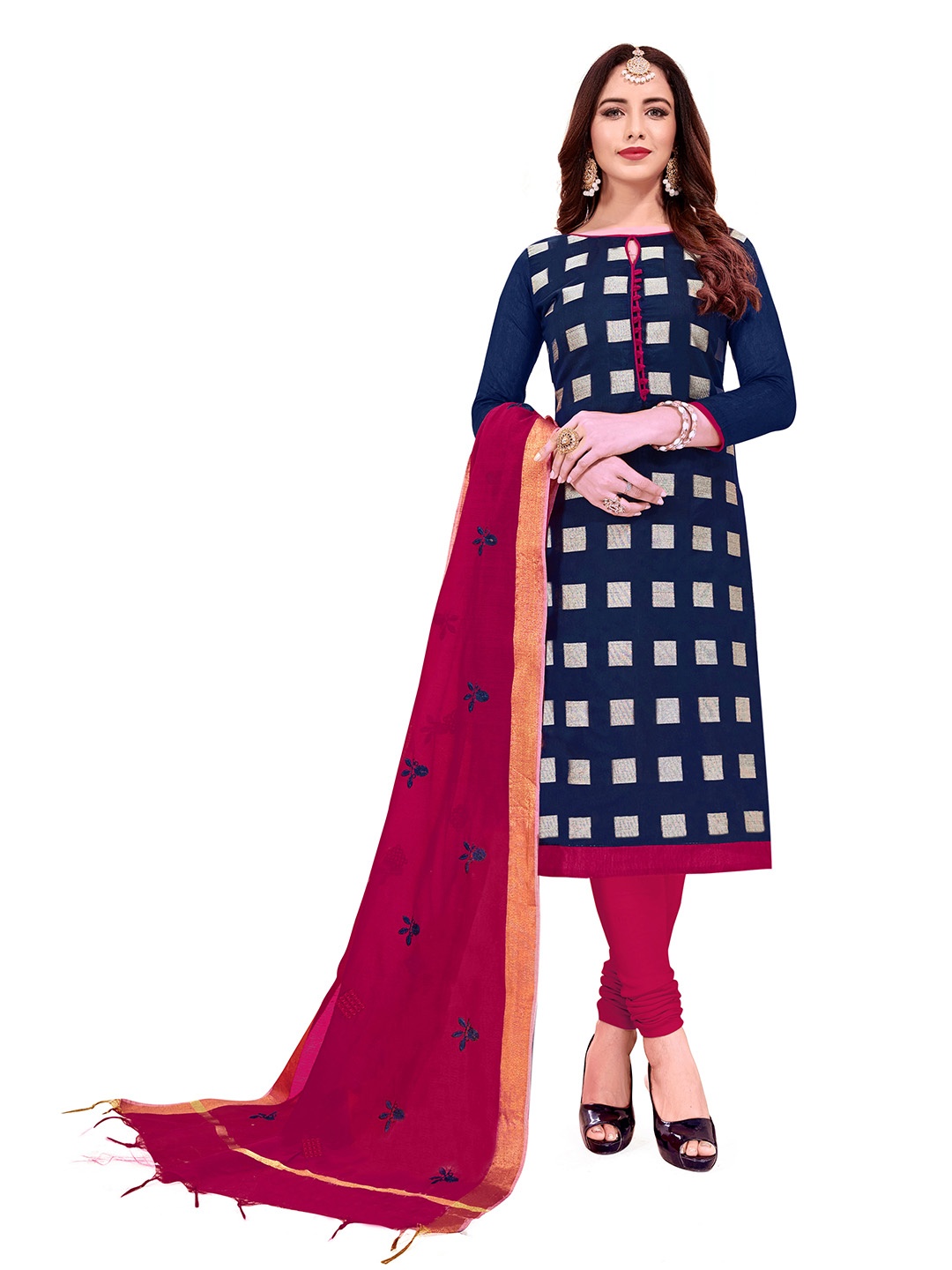 

HERE&NOW Geometric Printed Banarasi Jacquard Unstitched Dress Material, Blue