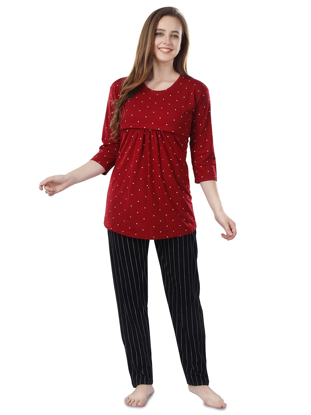 

TIGYWIGY Polka Dot Printed Pure Cotton Maternity Top With Pyjama, Maroon