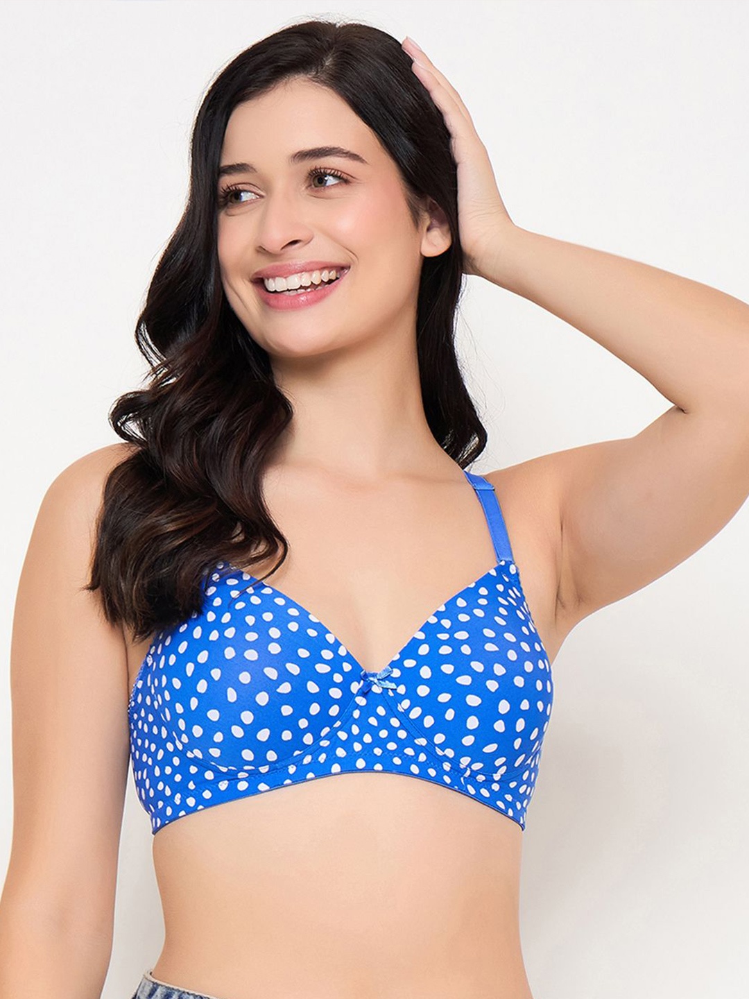 

Clovia Women All Day Comfort Polka Dots Printed Lightly Padded T-shirt Bra, Blue