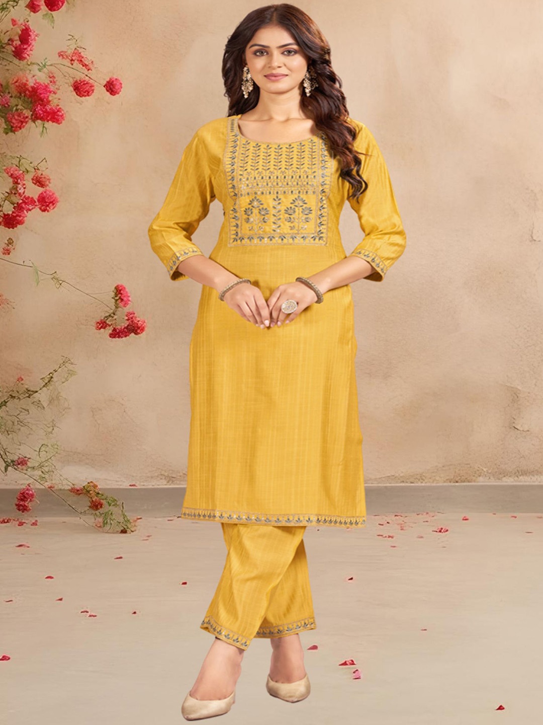 

Raave Floral Yoke Design Thread Work Straight Kurta with Trouser, Yellow