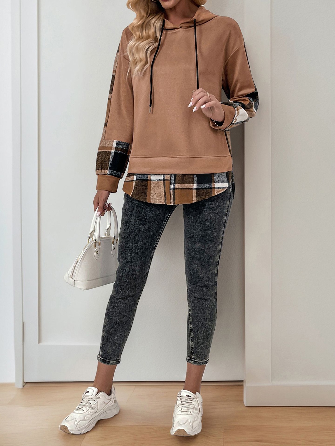 

StyleCast x Revolte Women Colourblocked Hooded Sweatshirt, Brown
