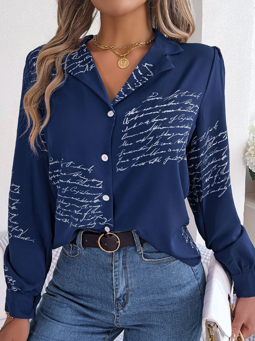 

StyleCast x Revolte Women Cuban Collar Typography Printed Casual Shirt, Navy blue