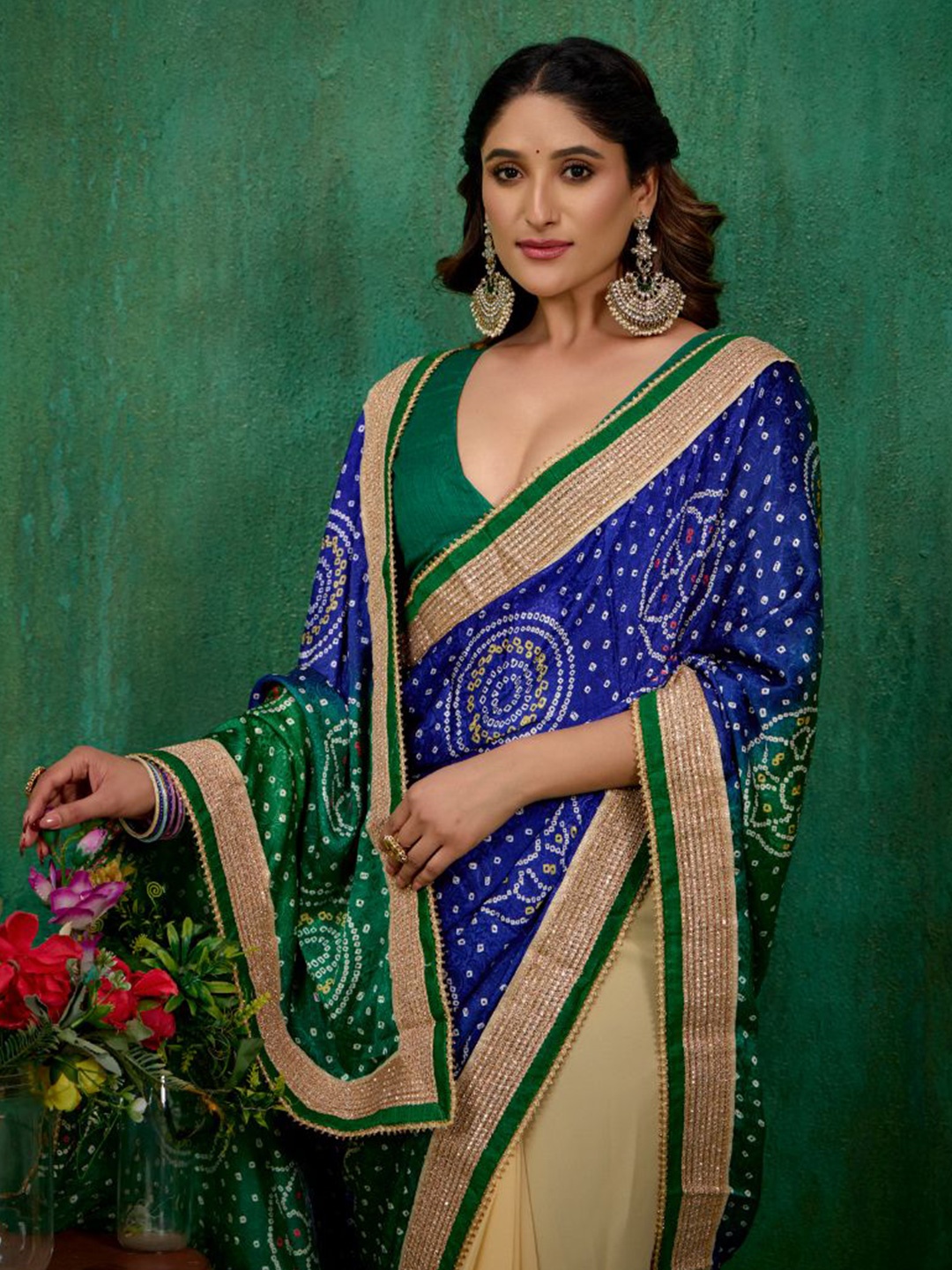 

Sangria Bandhani Printed Embroidered Saree, Green