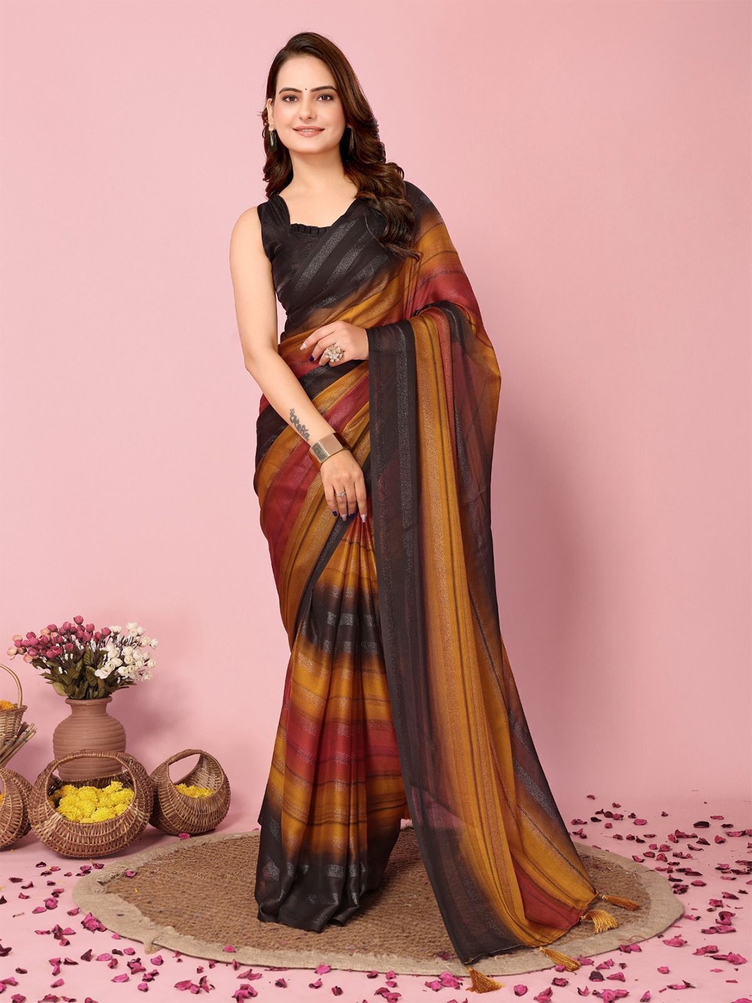 

bansari textiles Striped Kota Saree, Mustard