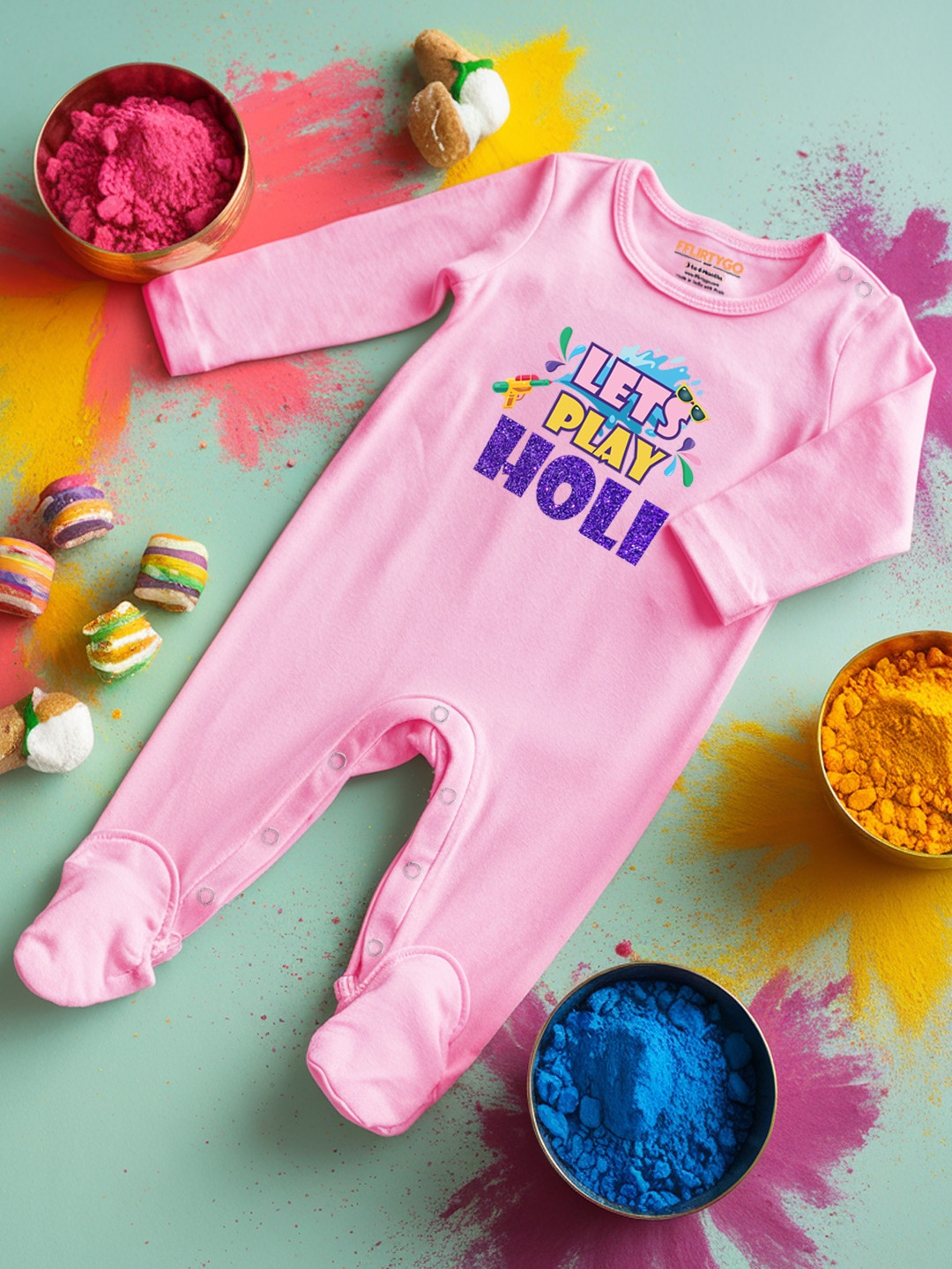 

FFLIRTYGO Infants Holi Printed Cotton Sleepsuit, Pink