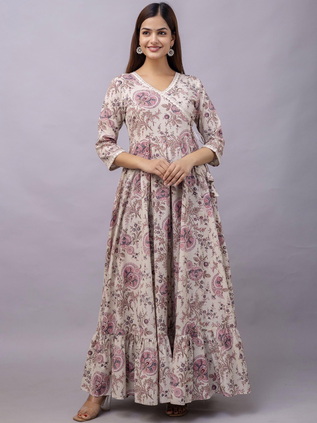 

FASHION DEPTH Floral Printed Thread Work V-Neck Pure Cotton Angrakha Anarkali Kurta, Beige