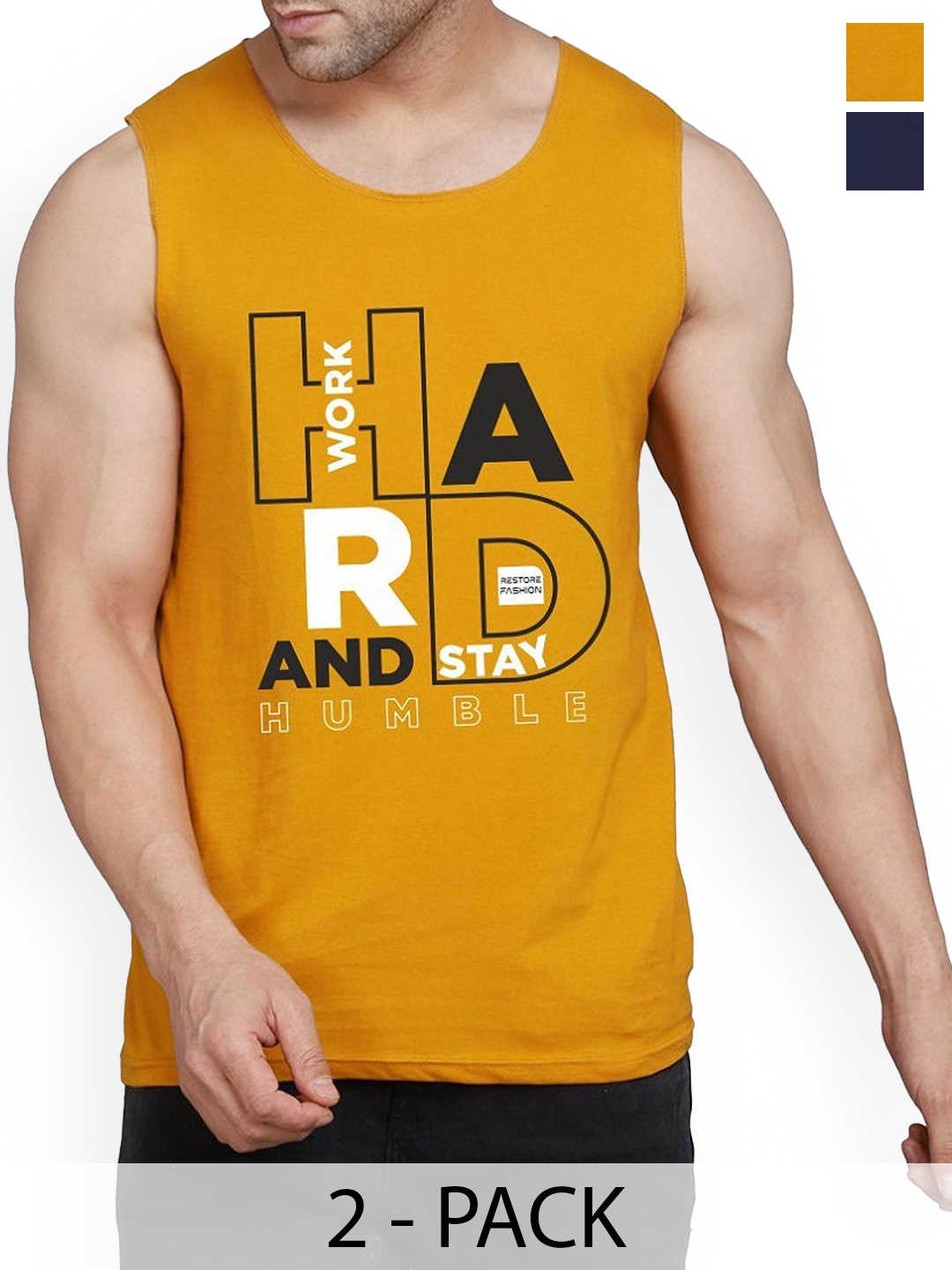 

WOOSTRO Pack Of 2 Printed Cotton Gym Vests RS26 CMB (HARD MUSTARD) (98 NAVY)